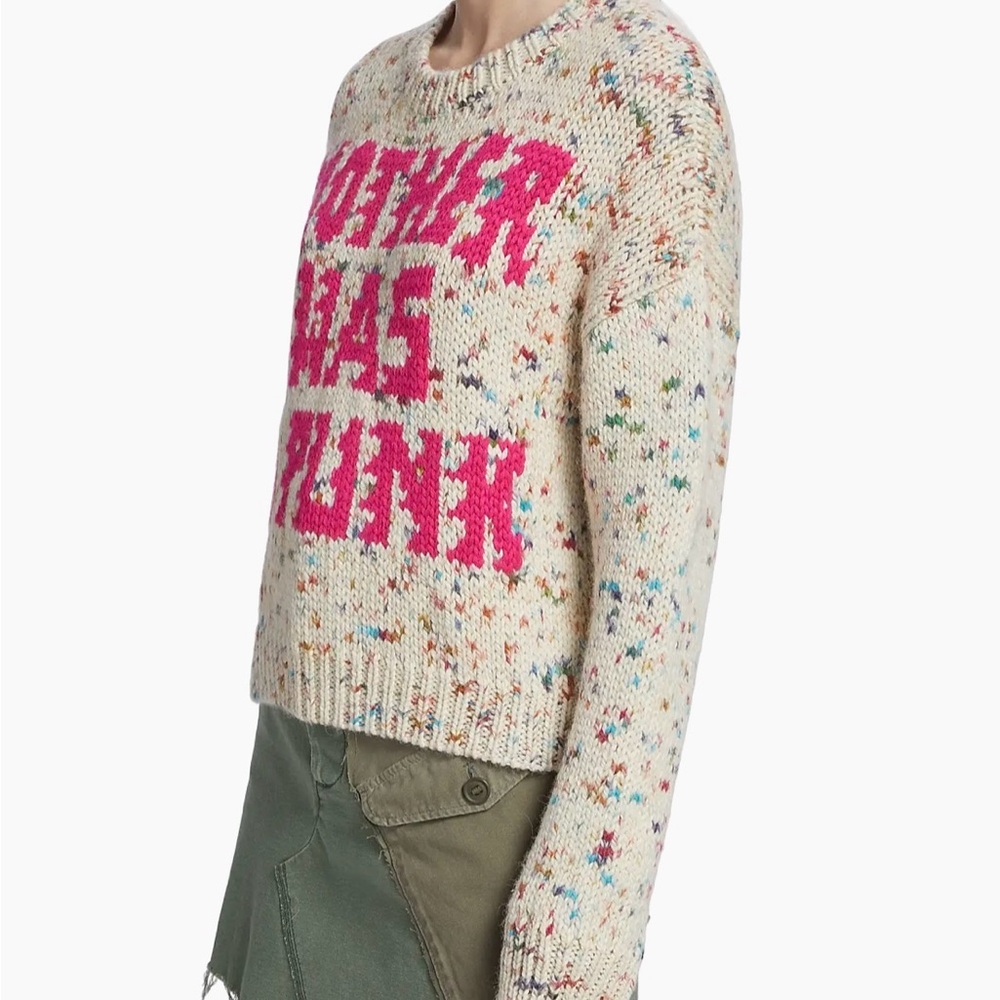 MOTHER Cream Speckled Crewneck Sweater with Pink Intarsia - Picture 2 of 10
